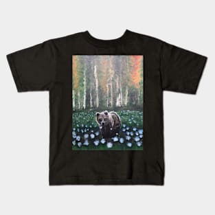 Autumn Morning in a Forest Bear Flowers and Blowers Peace Harmony with Nature Kids T-Shirt